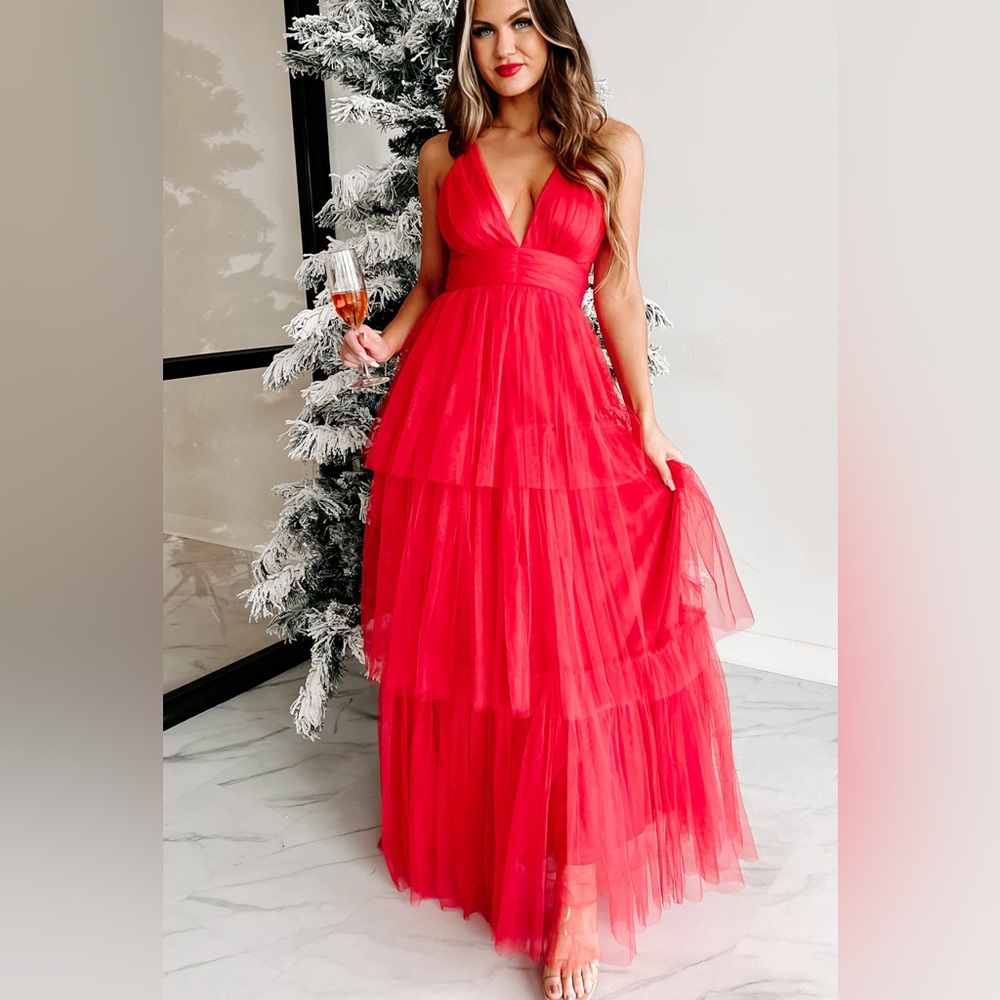 NWT Boutique 1861 Maniju Estivam Red Tiered Layered Tulle Maxi Dress XS